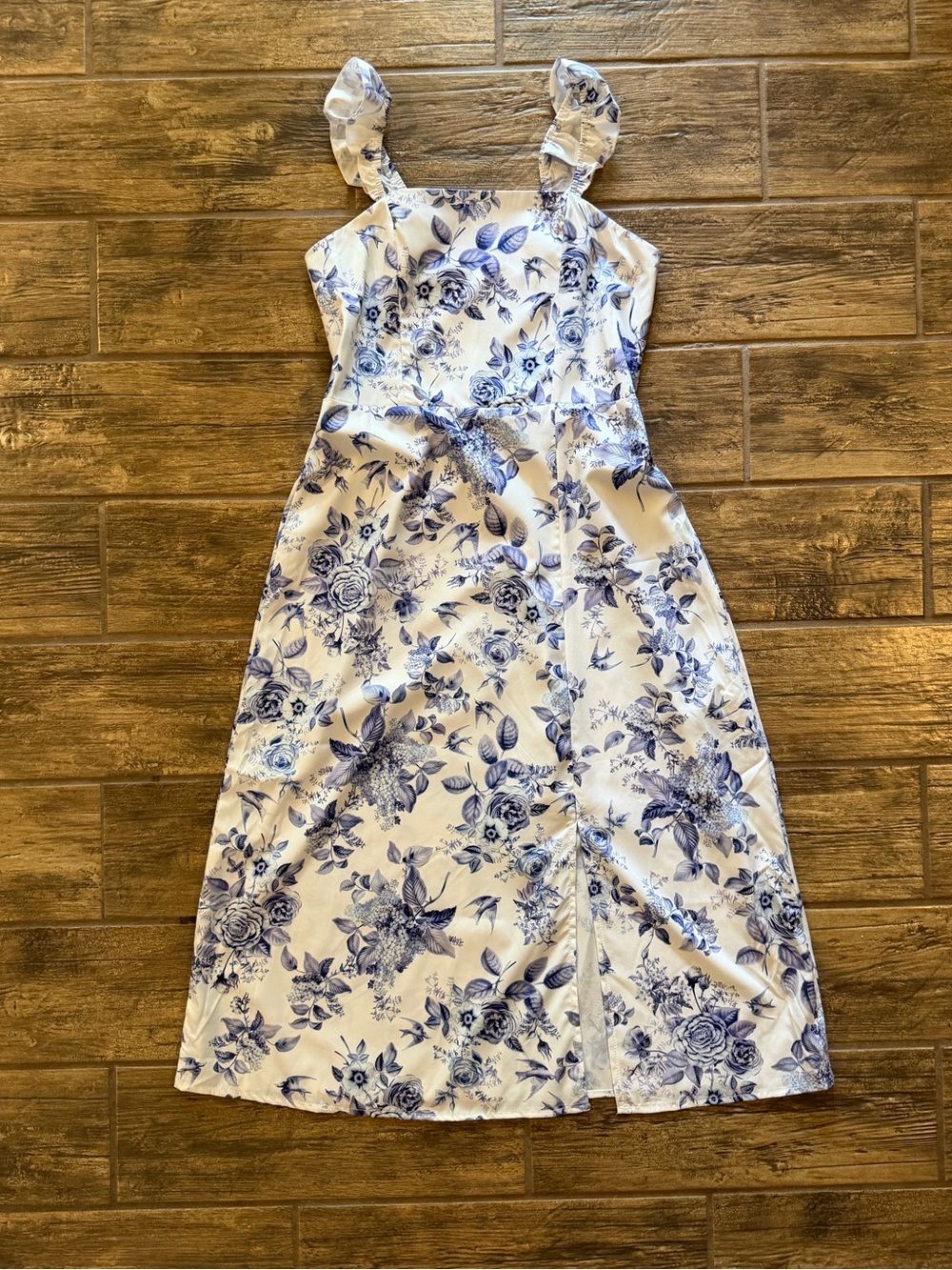 White Dress with Blue Floral Print and Ruffle Straps